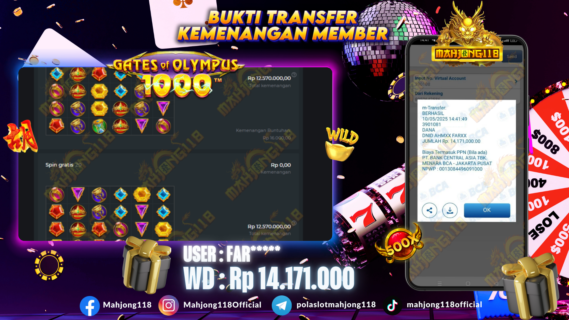 MAHJONG118 JACKPOT SLOT Gates of Olympus 1000  Rp 14.171.000,– LUNAS