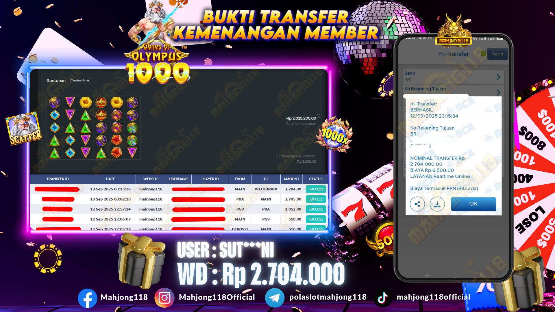 MAHJONG118 JACKPOT SLOT Gates of Olympus 1000 Rp 2.010.000,– LUNAS